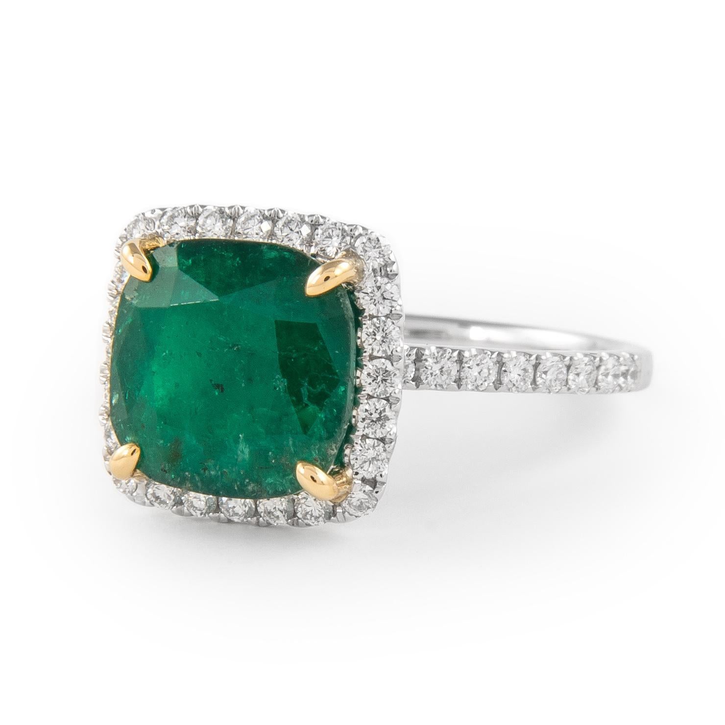 Contemporary GIA 3.11 Carat Cushion Emerald and Diamond Halo Ring 18k Gold For Sale