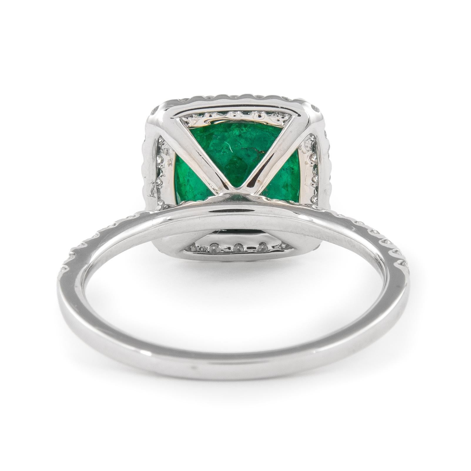 GIA 3.11 Carat Cushion Emerald and Diamond Halo Ring 18k Gold In New Condition For Sale In BEVERLY HILLS, CA