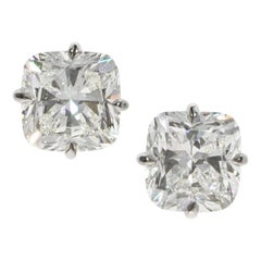 GIA 3.15 and 3.49 Carat Cushion Brilliant Diamond Gold Stud Earrings