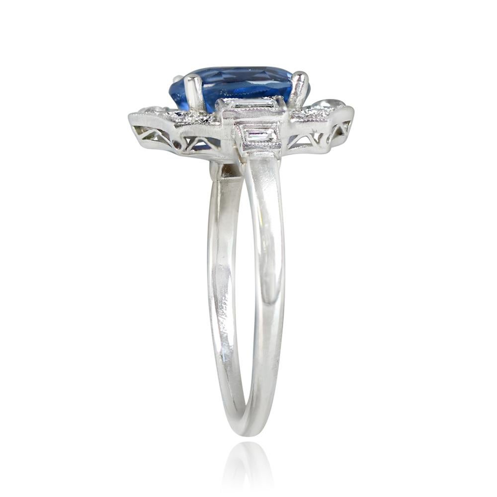 Art Deco GIA 3.15ct Oval Cut Sapphire Cocktail Ring, Diamond Halo, Platinum, Non-Heat For Sale