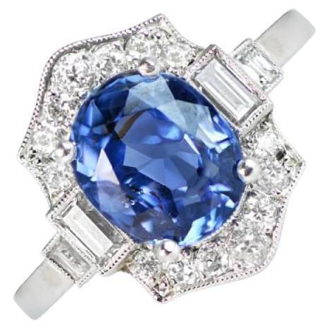 GIA 3.15ct Oval Cut Sapphire Cocktail Ring, Diamond Halo, Platinum, Non-Heat For Sale