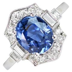 GIA 3.15ct Oval Cut Sapphire Cocktail Ring, Diamond Halo, Platinum, Non-Heat