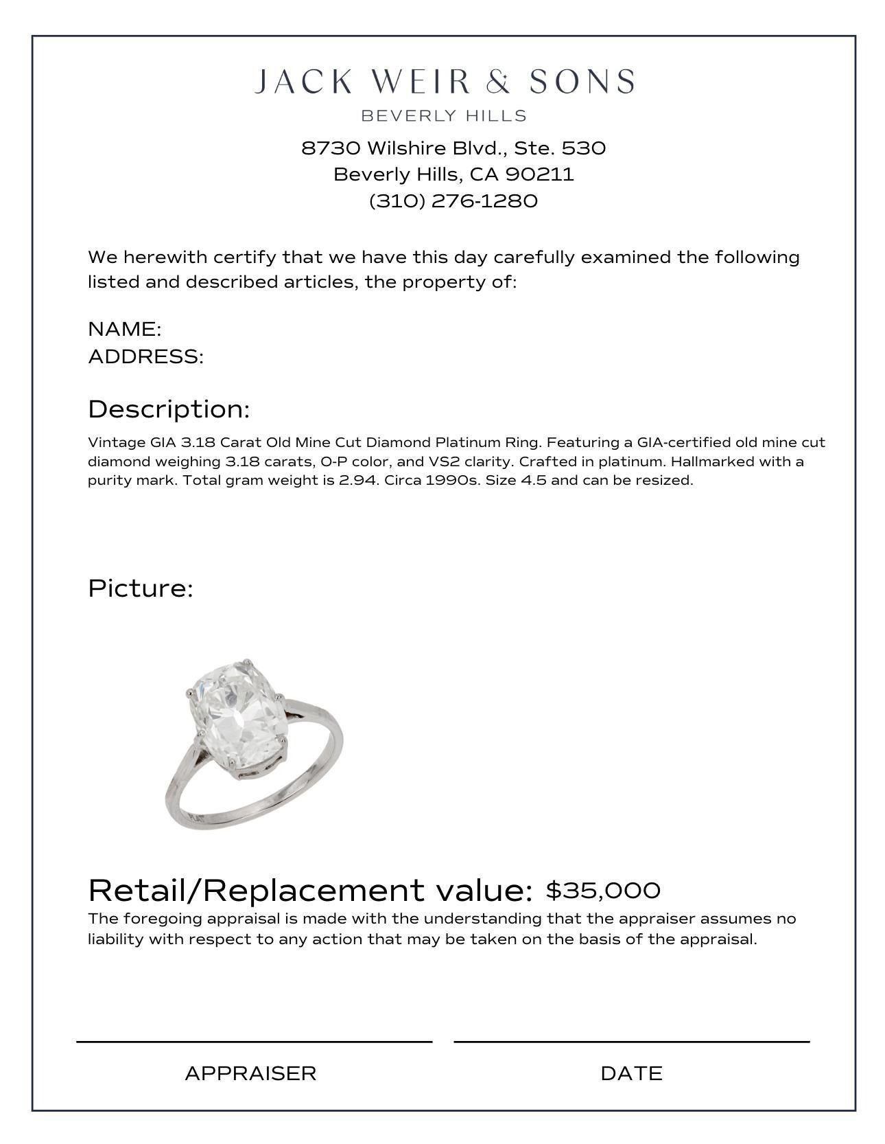 GIA 3.18 carat old mine cut diamond platinum engagement ring In Good Condition In Beverly Hills, CA