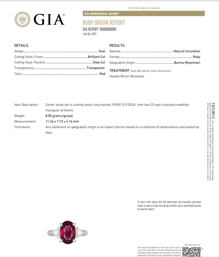 Oval Cut GIA 3.19 Carat Oval Heated Burma Ruby & Diamond 3 Stone Ring in Platinum For Sale