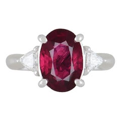 GIA 3.19 Carat Oval Heated Burma Ruby & Diamond 3 Stone Ring in Platinum