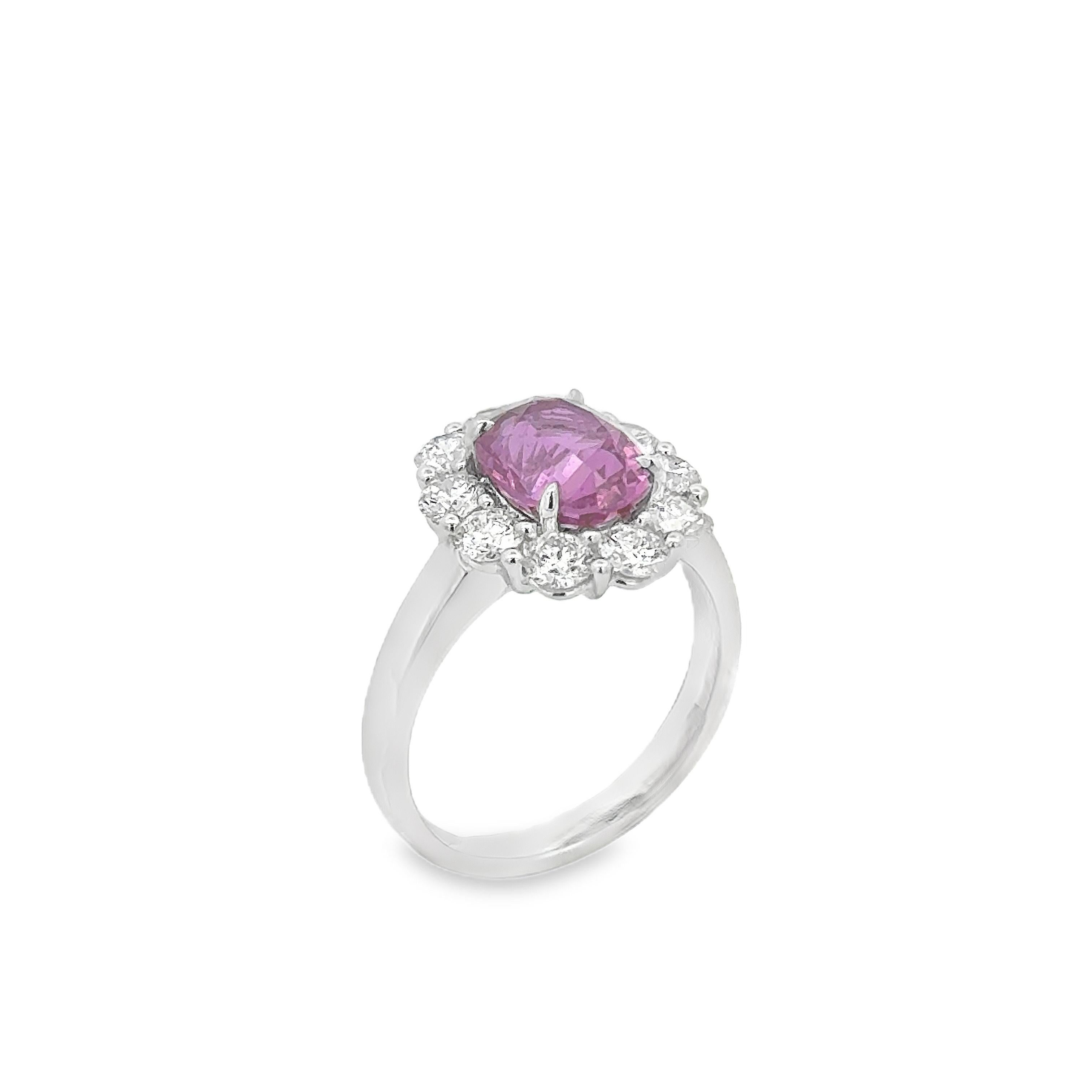 Contemporary GIA Certified 3.20 Carats Oval Cut Pink Sapphire & Diamond Halo Floral Ring For Sale