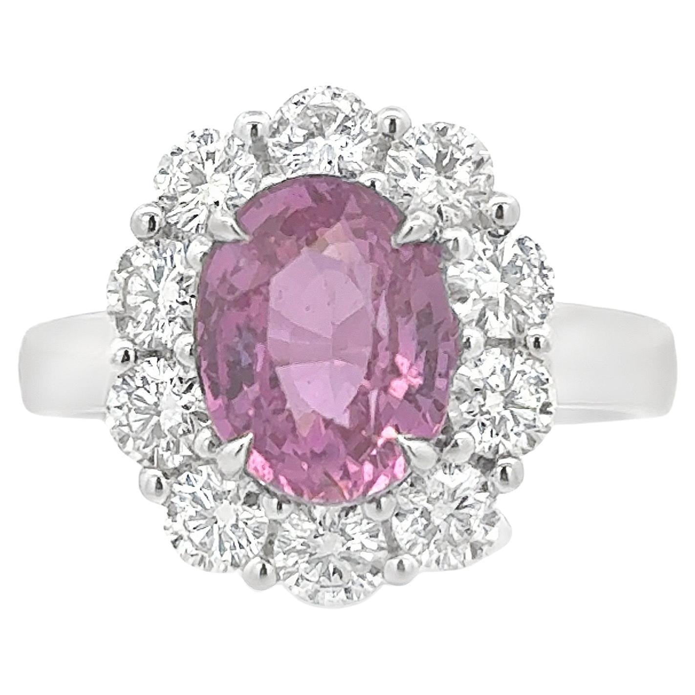 GIA Certified 3.20 Carats Oval Cut Pink Sapphire & Diamond Halo Floral Ring For Sale