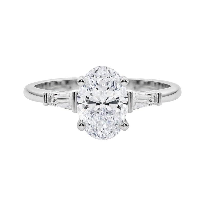 Bague en or blanc GIA 3(three) pierres ovales Baguette fuselée 18K