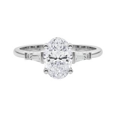 Bague en or blanc GIA 3(three) pierres ovales Baguette fuselée 18K