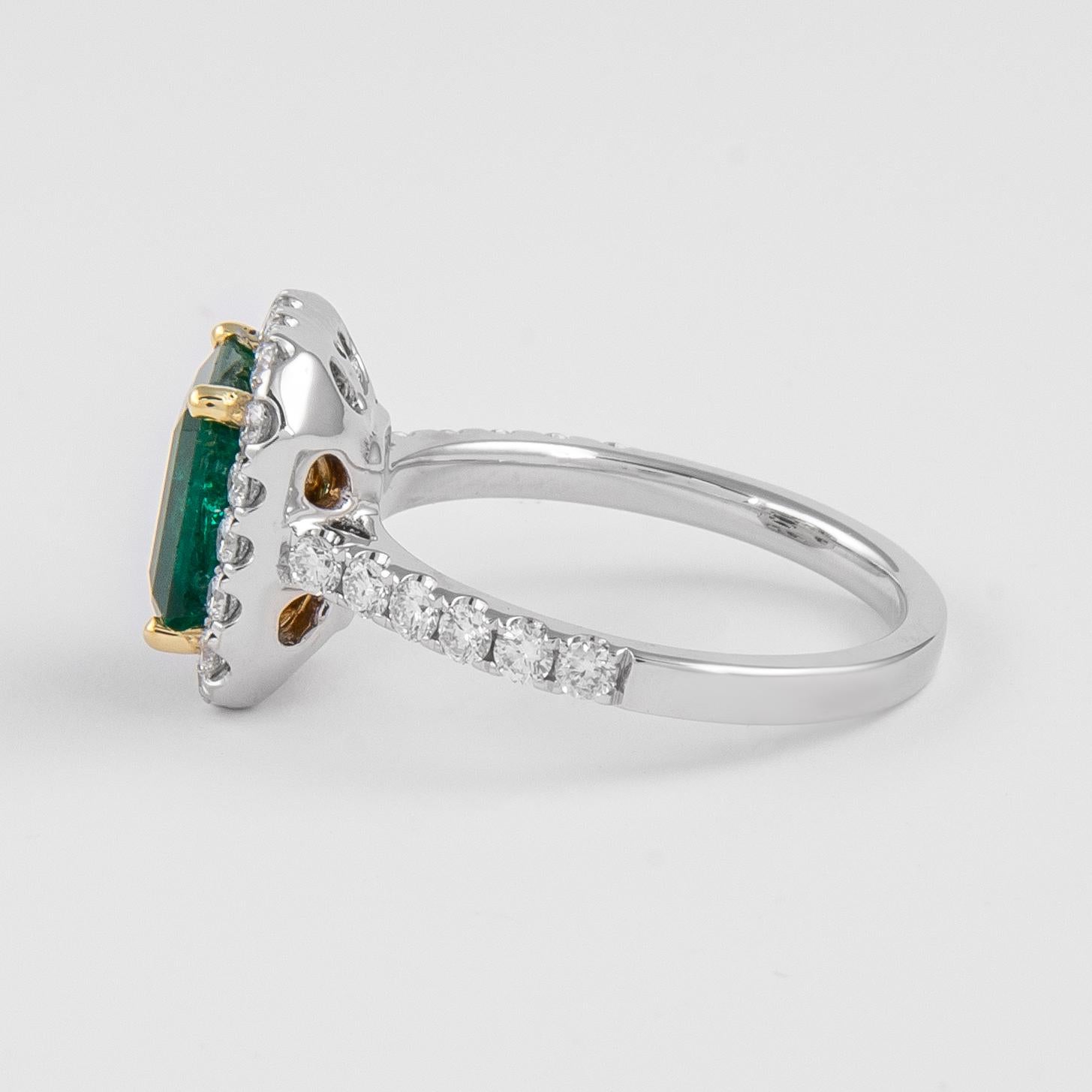 Emerald Cut GIA 3.23 carat Emerald and Diamond Halo Ring 18 karat Gold For Sale
