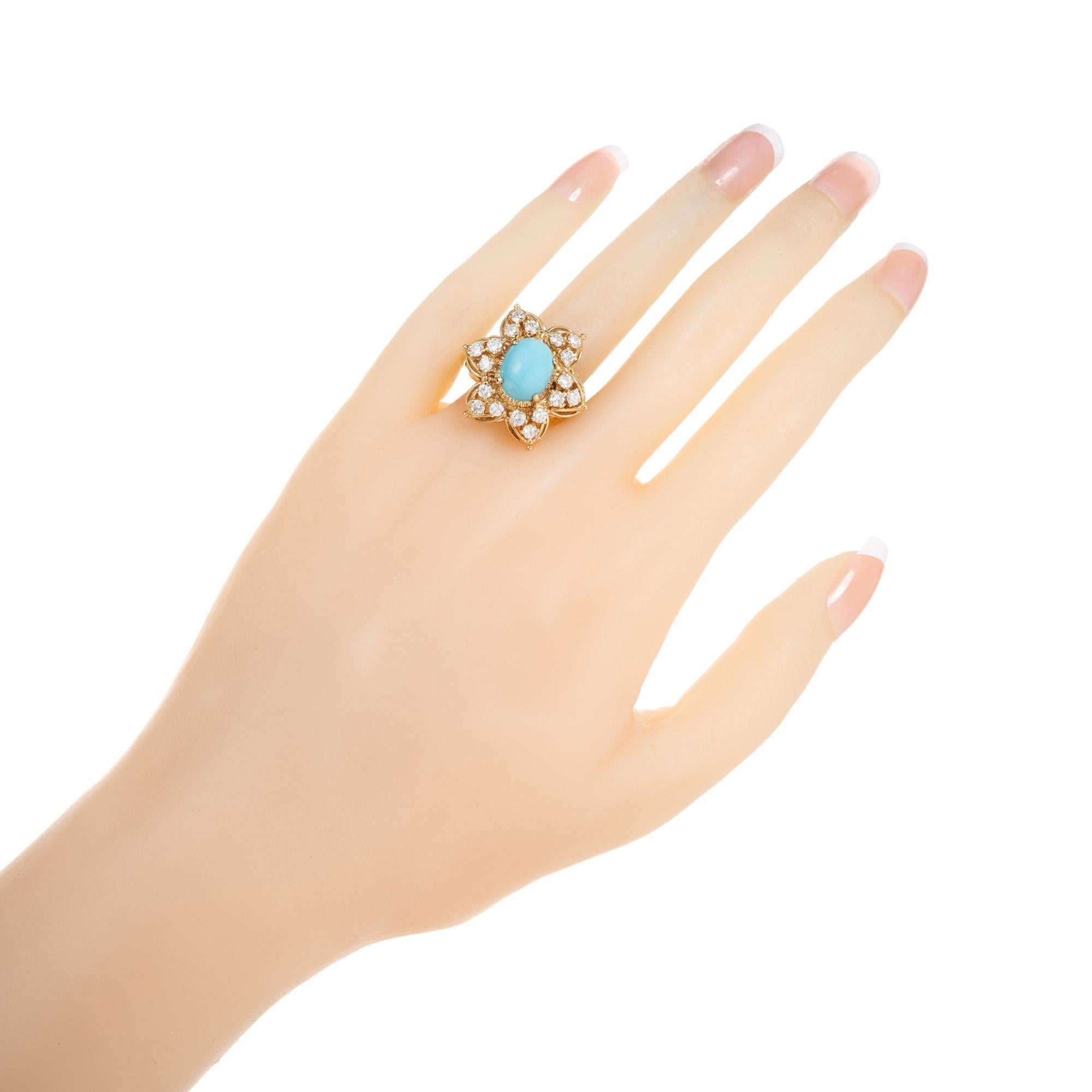 Oval Cut GIA 3.25 Carat Natural Persian Turquoise Diamond Halo Gold Cocktail Ring For Sale