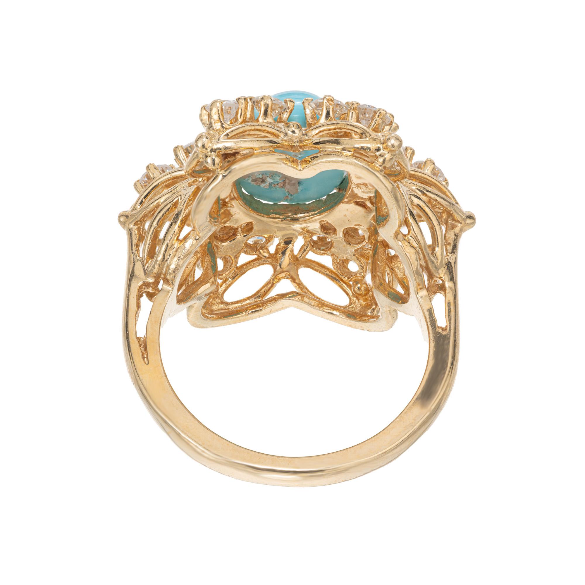 GIA 3.25 Carat Natural Persian Turquoise Diamond Halo Gold Cocktail Ring In Good Condition For Sale In Stamford, CT