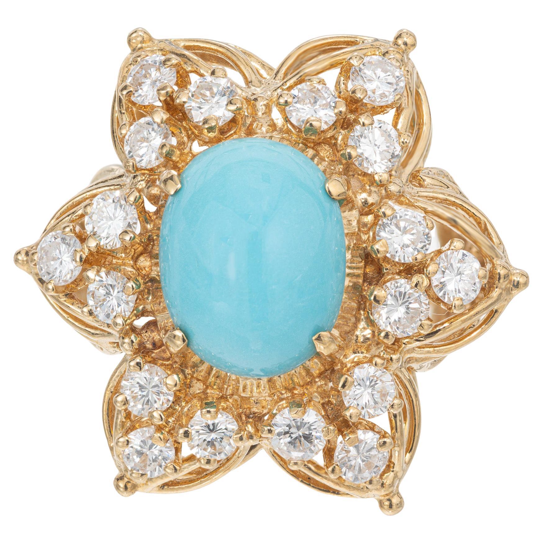 GIA 3.25 Carat Natural Persian Turquoise Diamond Halo Gold Cocktail Ring