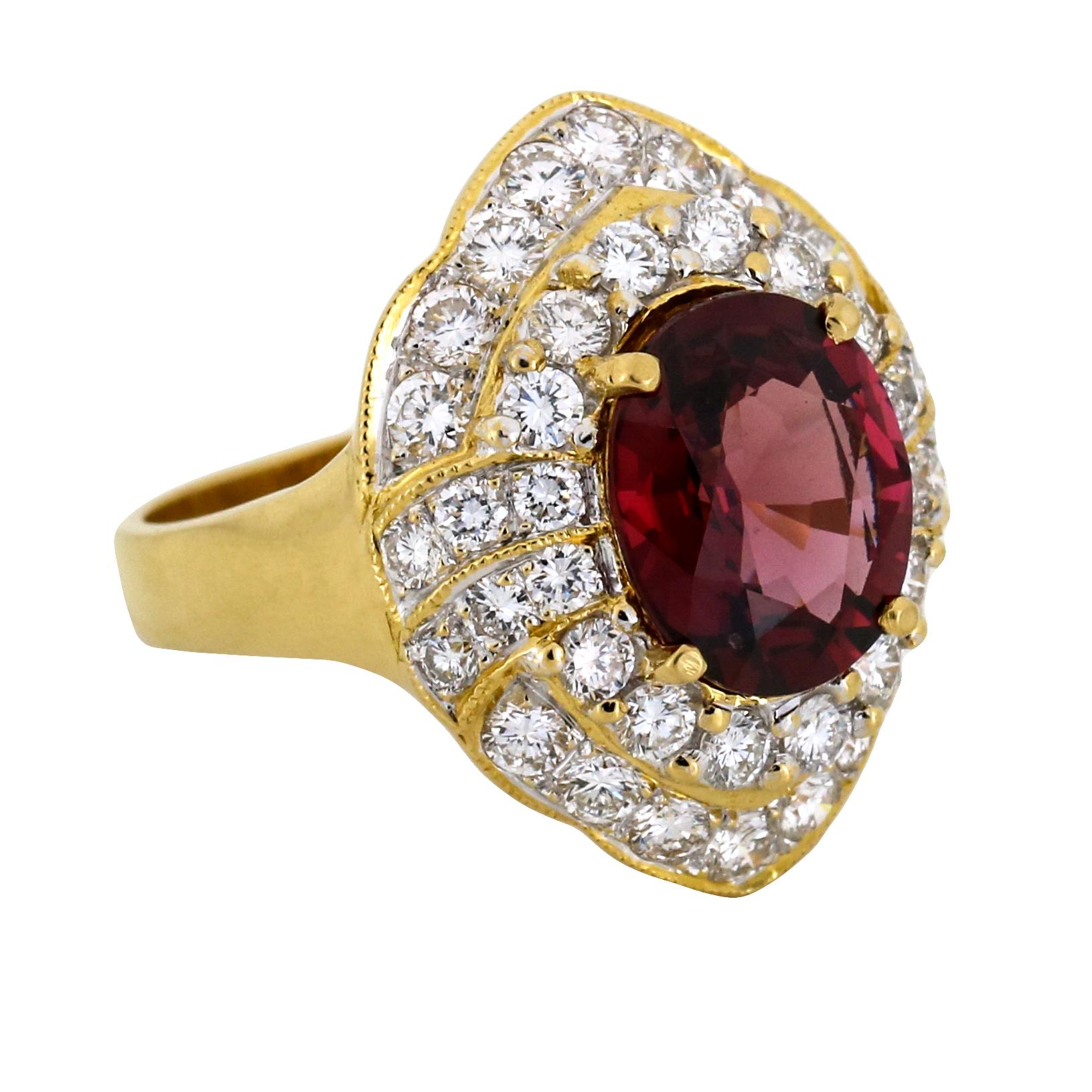 Contemporary GIA 3.25 Carat Red Spinel Diamond Cocktail Ring in 18 Karat Yellow Gold For Sale