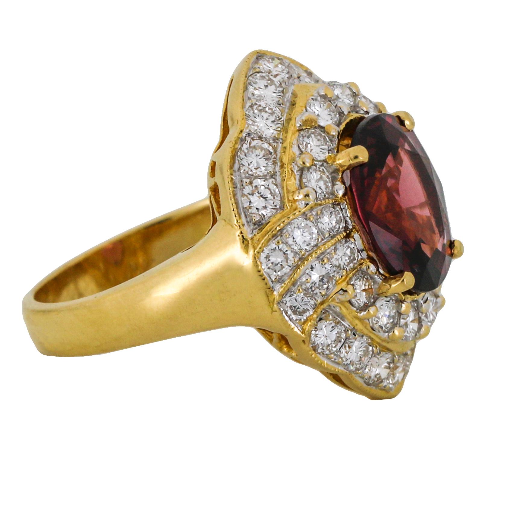 Oval Cut GIA 3.25 Carat Red Spinel Diamond Cocktail Ring in 18 Karat Yellow Gold For Sale