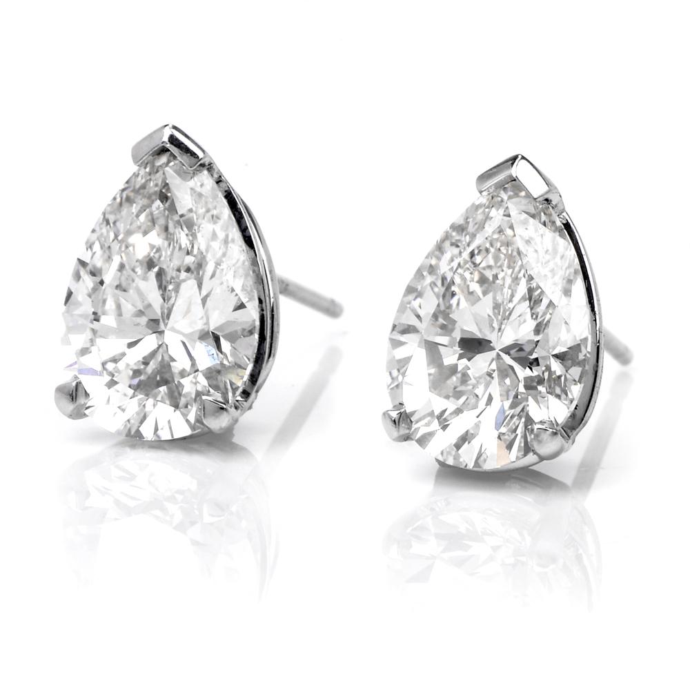 Women's GIA 3.27 Carat Pear Diamond Stud Platinum Earrings