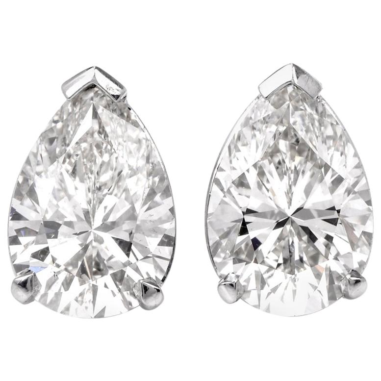 GIA 3.27 Carat Pear Diamond Stud Platinum Earrings