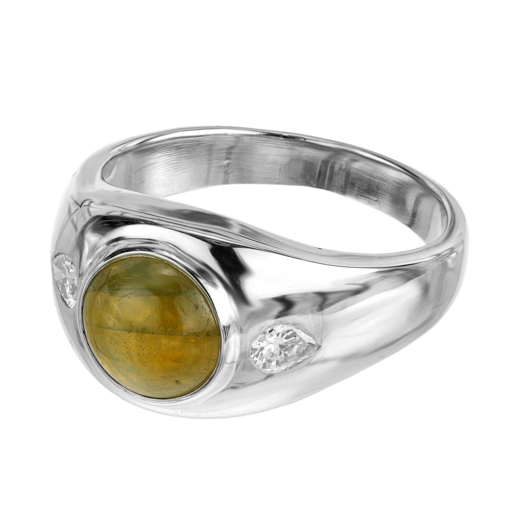 Round Cut GIA 3.33 Carat Cabochon Chrysoberyl Cats Eye Diamond Men's Platinum Ring For Sale
