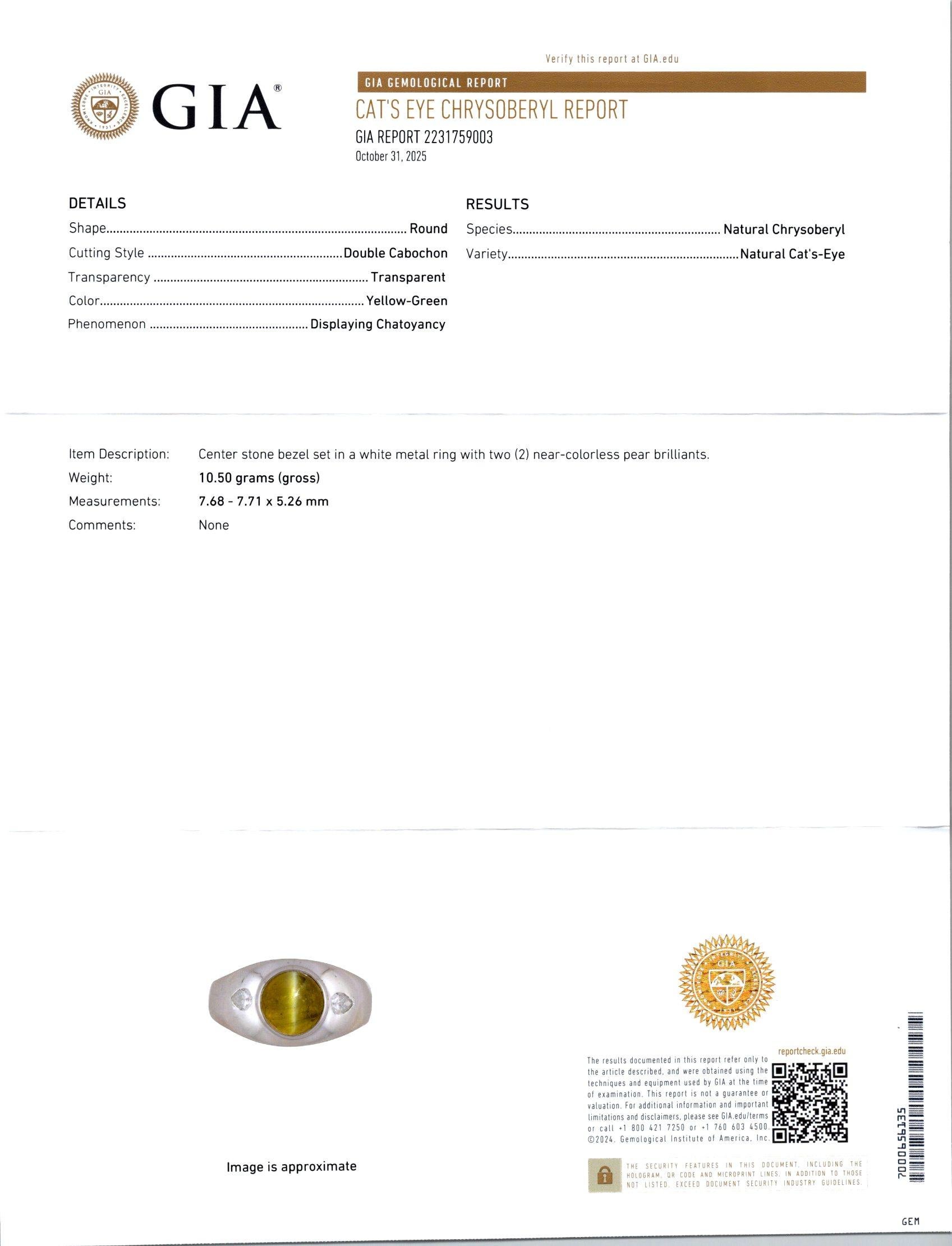 GIA 3.33 Carat Cabochon Chrysoberyl Cats Eye Diamond Men's Platinum Ring In Good Condition For Sale In Stamford, CT