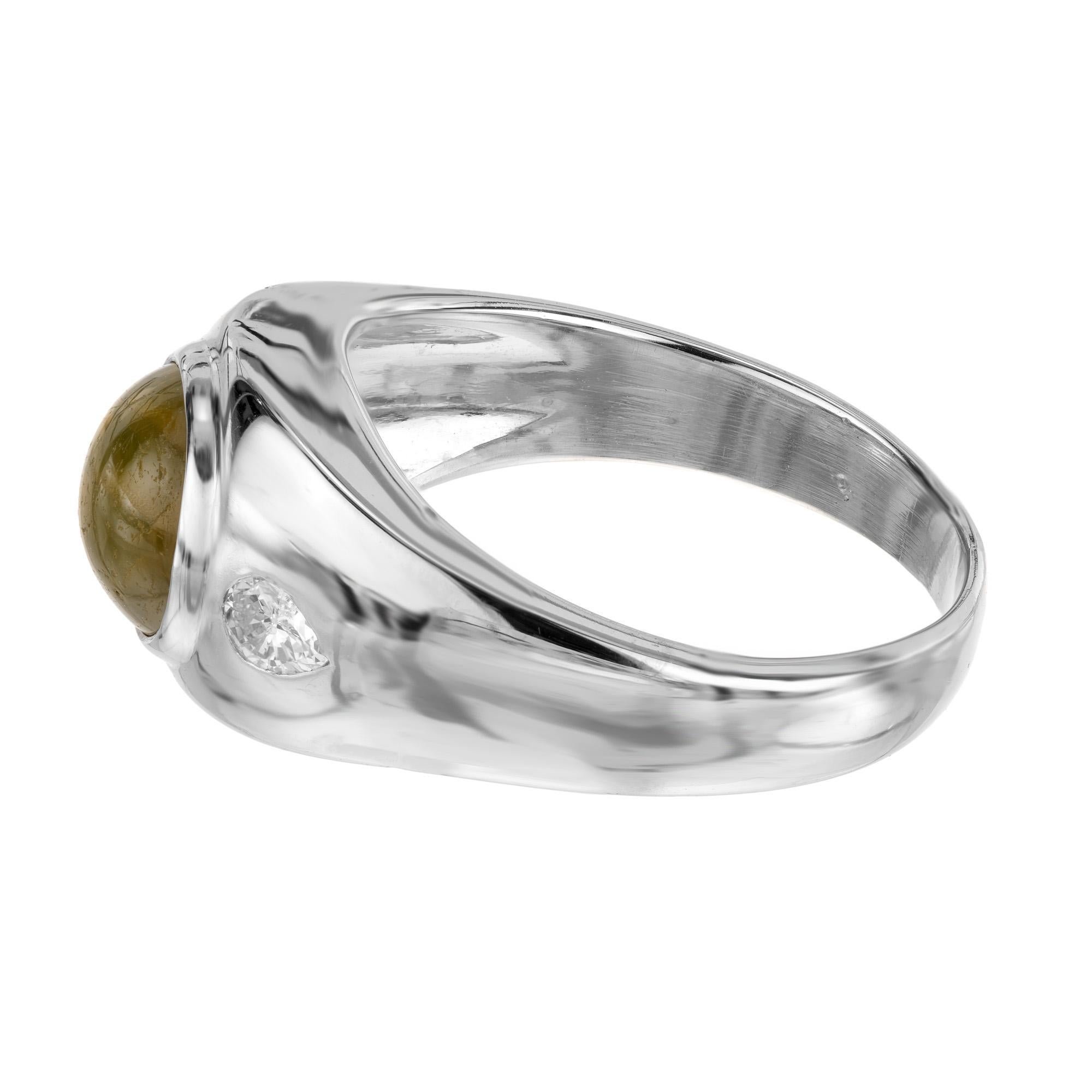 Women's or Men's GIA 3.33 Carat Cabochon Chrysoberyl Cats Eye Diamond Men's Platinum Ring For Sale