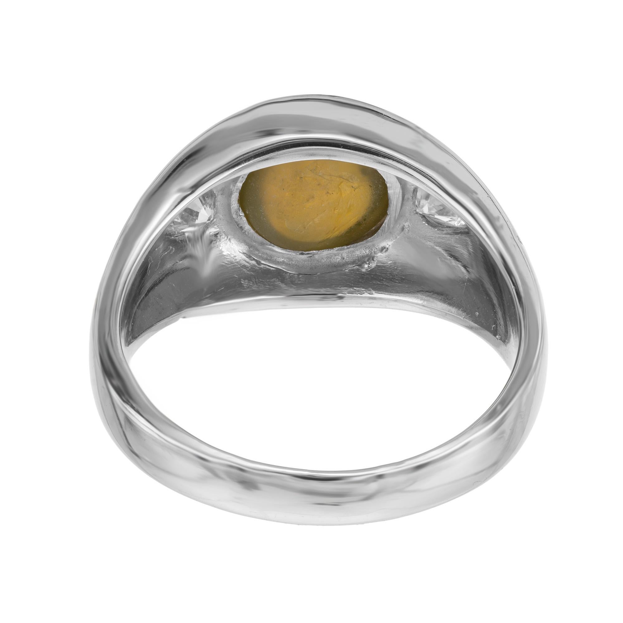 GIA 3.33 Carat Cabochon Chrysoberyl Cats Eye Diamond Men's Platinum Ring For Sale 1