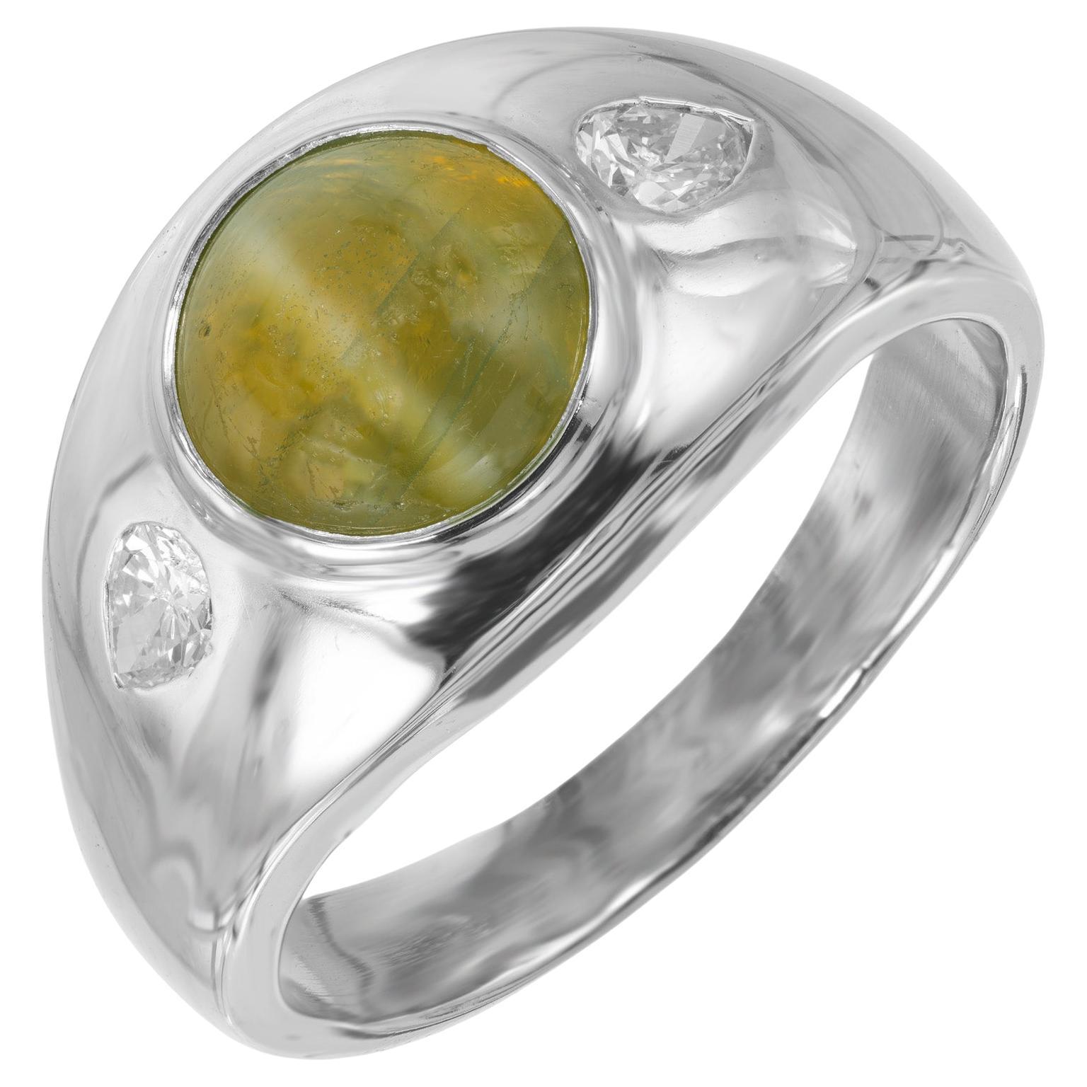 GIA 3.33 Carat Cabochon Chrysoberyl Cats Eye Diamond Men
s Platinum Ring