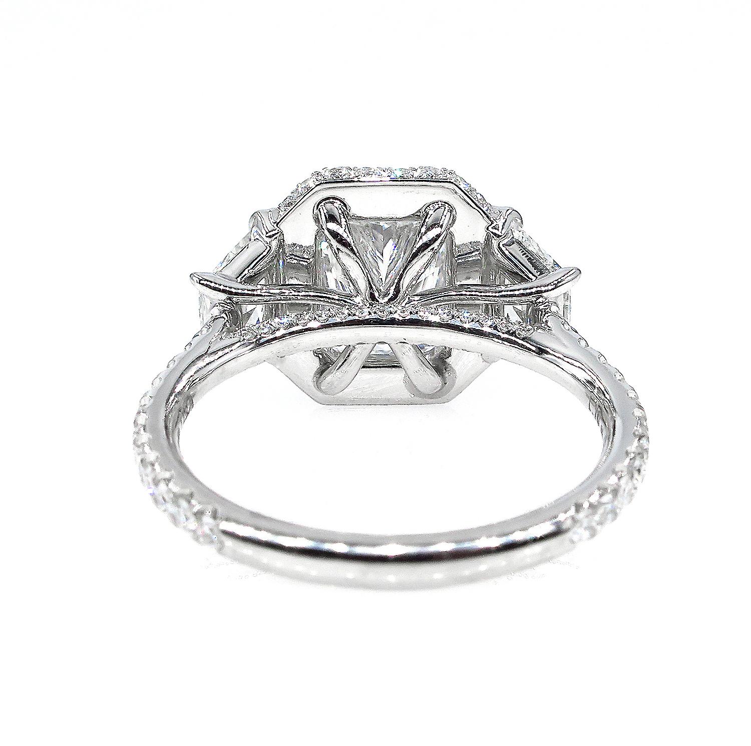 Women's GIA 3.33 Carat Radiant Cut Diamond 3-Stone Platinum Estate Vintage Ring