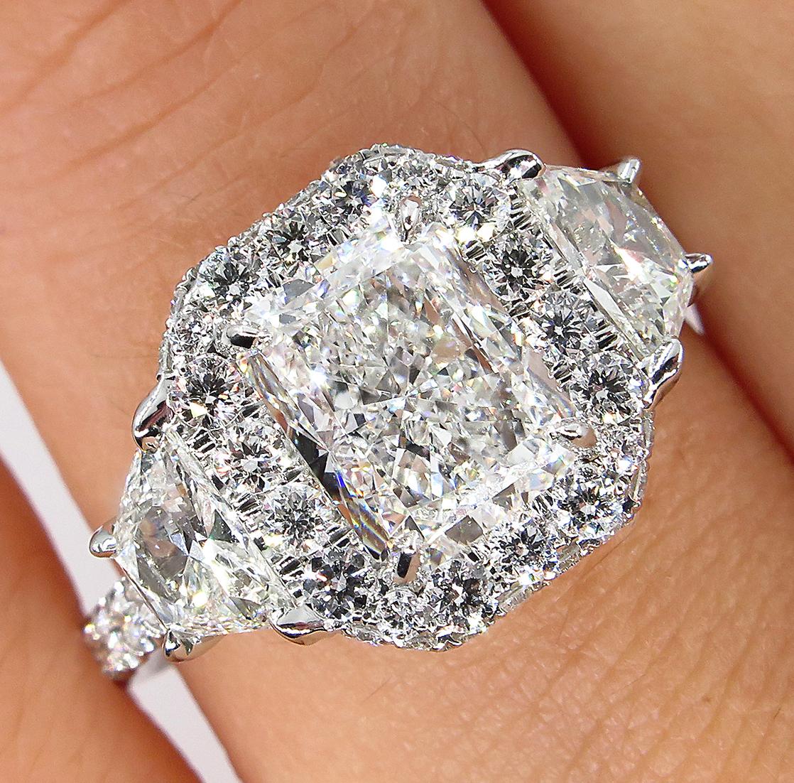 GIA 3.33 Carat Radiant Cut Diamond 3-Stone Platinum Estate Vintage Ring 3