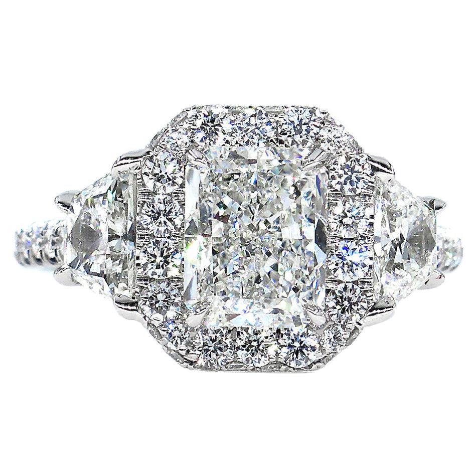 GIA 3.33 Carat Radiant Cut Diamond 3-Stone Platinum Estate Vintage Ring