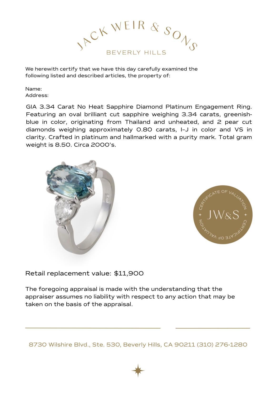 GIA 3,34 Karat hitzefrei Saphir Diamant Platin Verlobungsring im Angebot 2