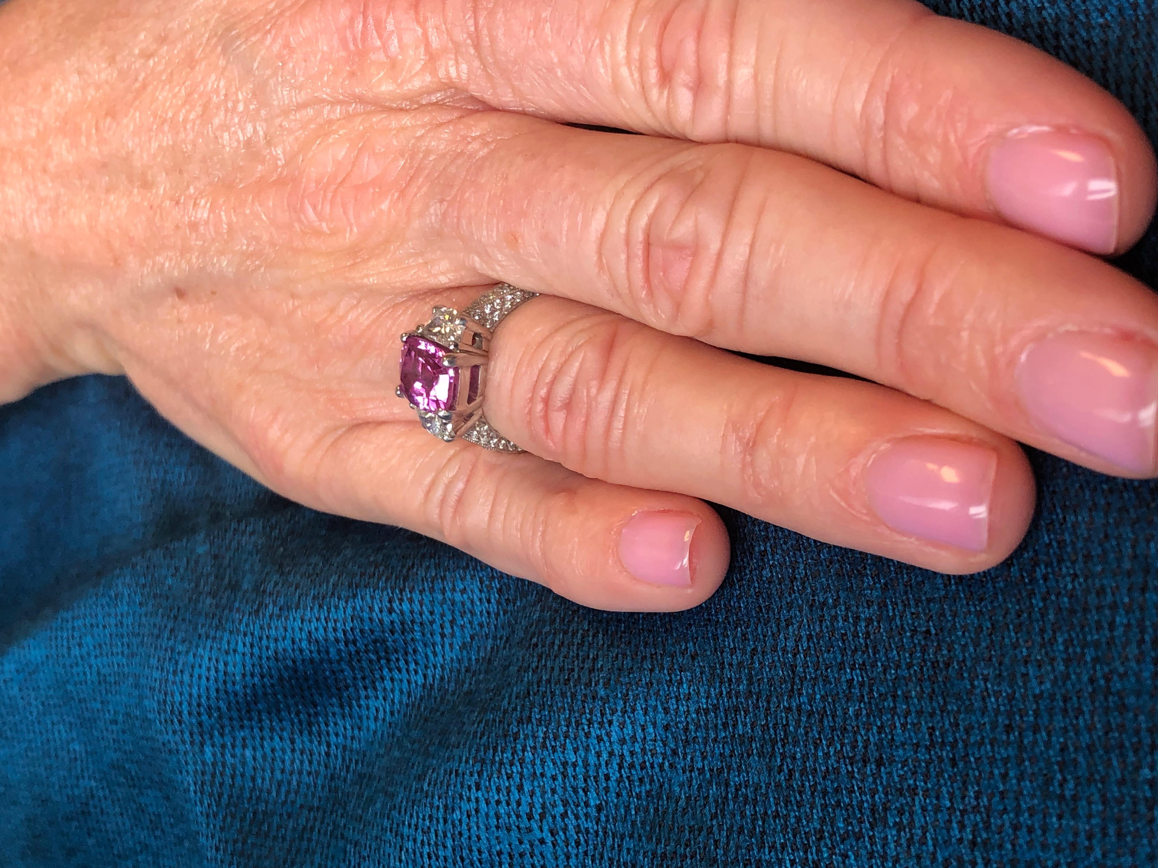 Cushion Cut GIA 3.34 Carat Unheated Pink Sapphire & Diamond Platinum Ring For Sale
