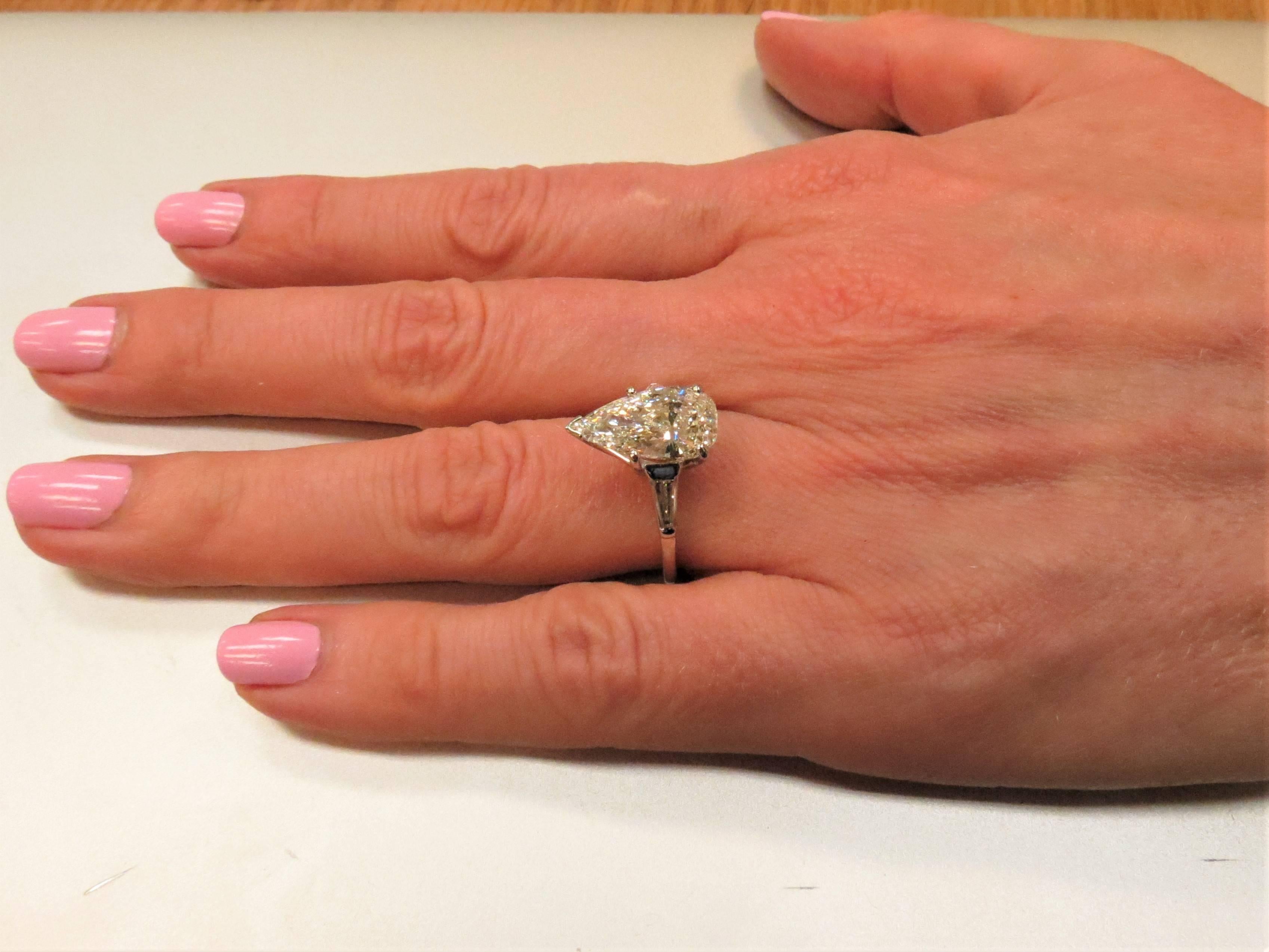 Pear Cut GIA 3.34 Pear Shape Diamond with Tapered Baguettes Engagement Ring