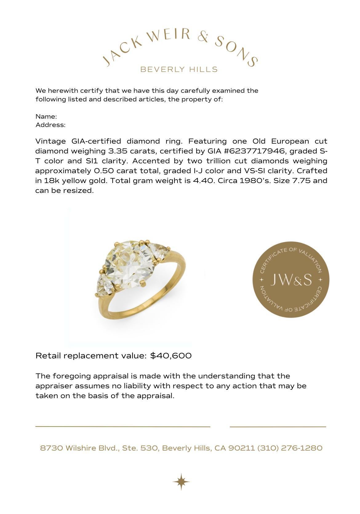 GIA Anello di fidanzamento in oro giallo 18k con diamante vecchio taglio europeo da 3,35 carati in vendita 2