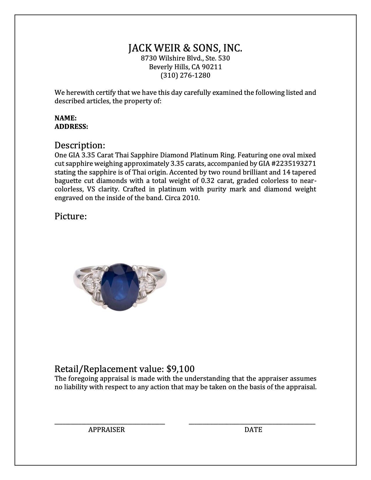 GIA 3.35 Carat Thai Sapphire Diamond Platinum Ring For Sale 2