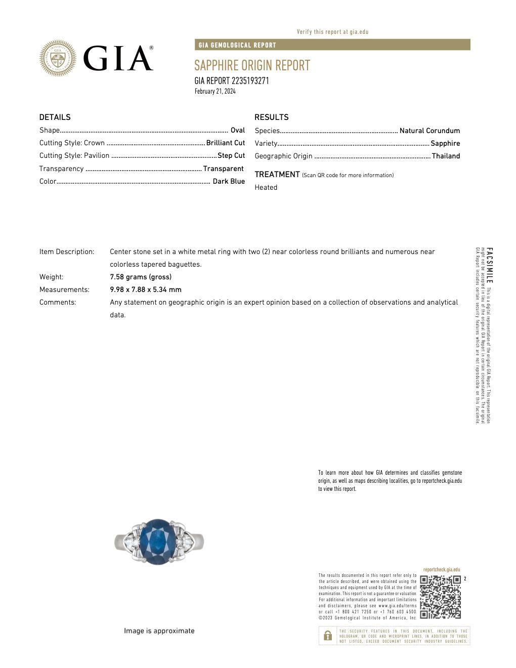 GIA 3.35 Carat Thai Sapphire Diamond Platinum Ring For Sale 3