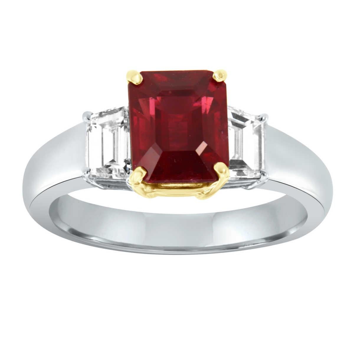 GIA 3.36 Carat Emerald Natural Ruby 18K Two-Tone Women's Trilogy Diamond Ring