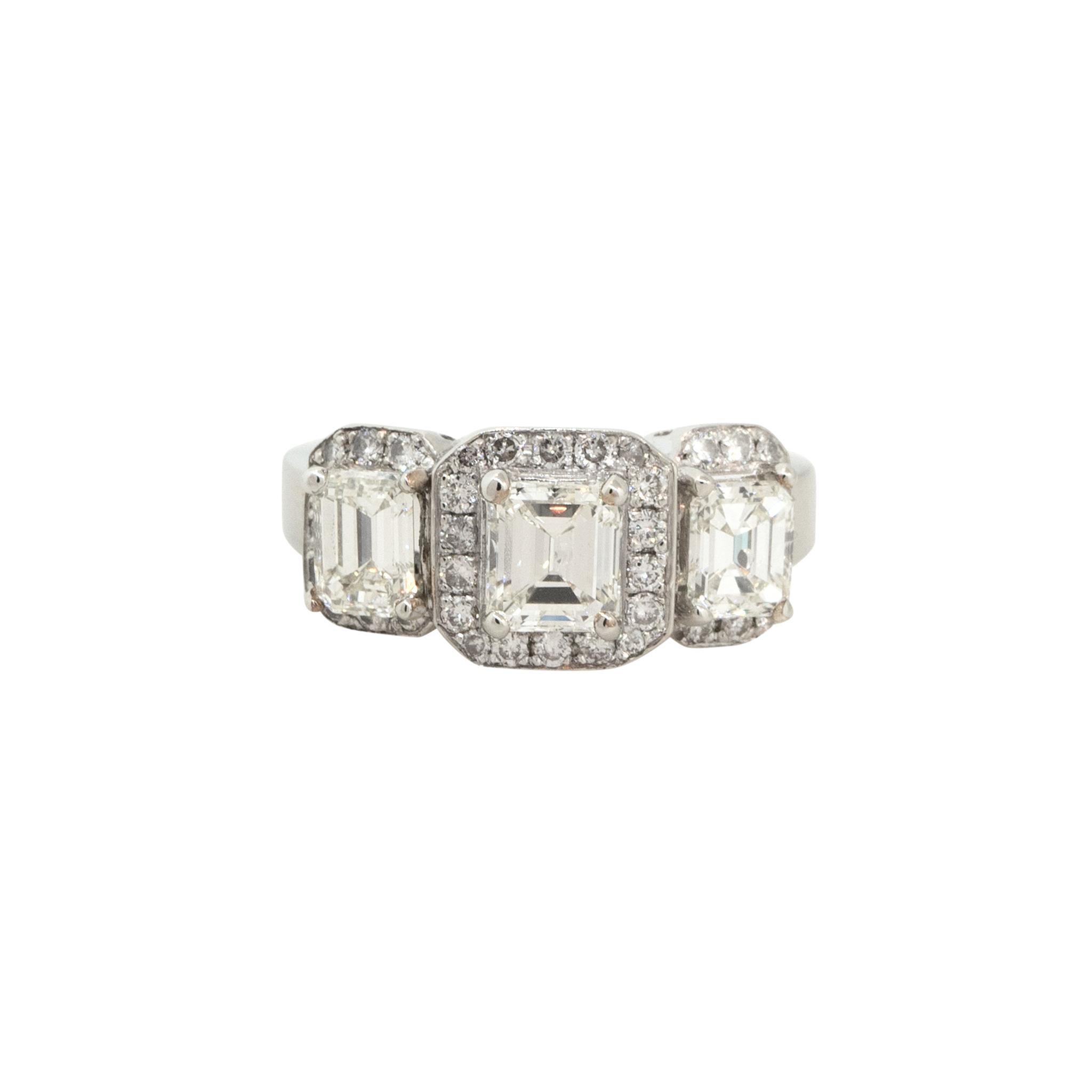 Women's GIA 3.38 Carat 3 Stone Emerald Diamond Engagement Ring 14 Karat in Stock For Sale