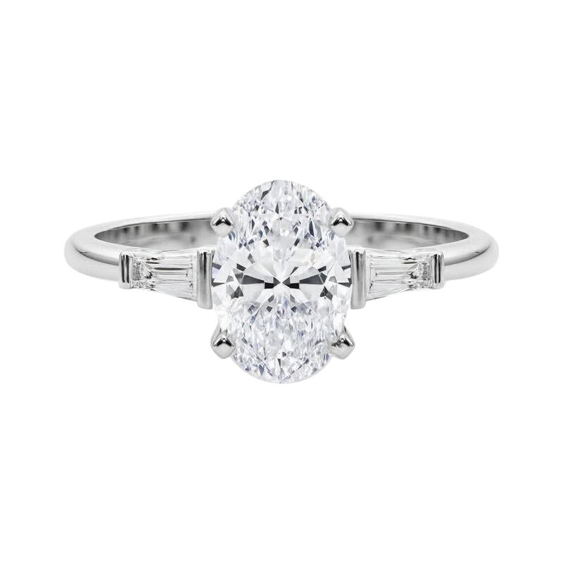 GIA 3.3ct Oval Three-Stone Tapered Baguette 18K White Gold Diamond Ring
