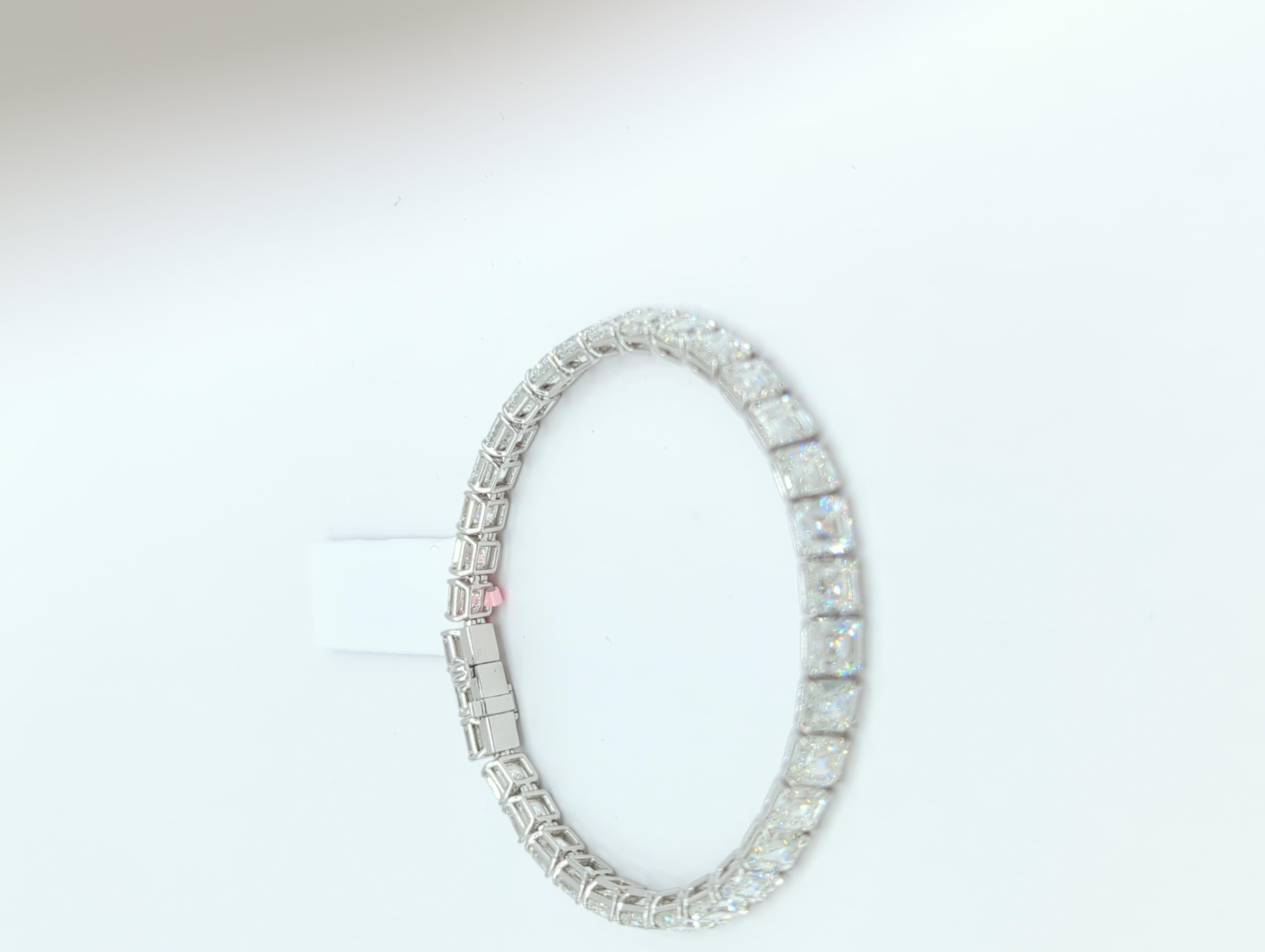 GIA 34.06 ct Asscher Cut White Diamond Tennis Bracelet in 18K White Gold For Sale 5