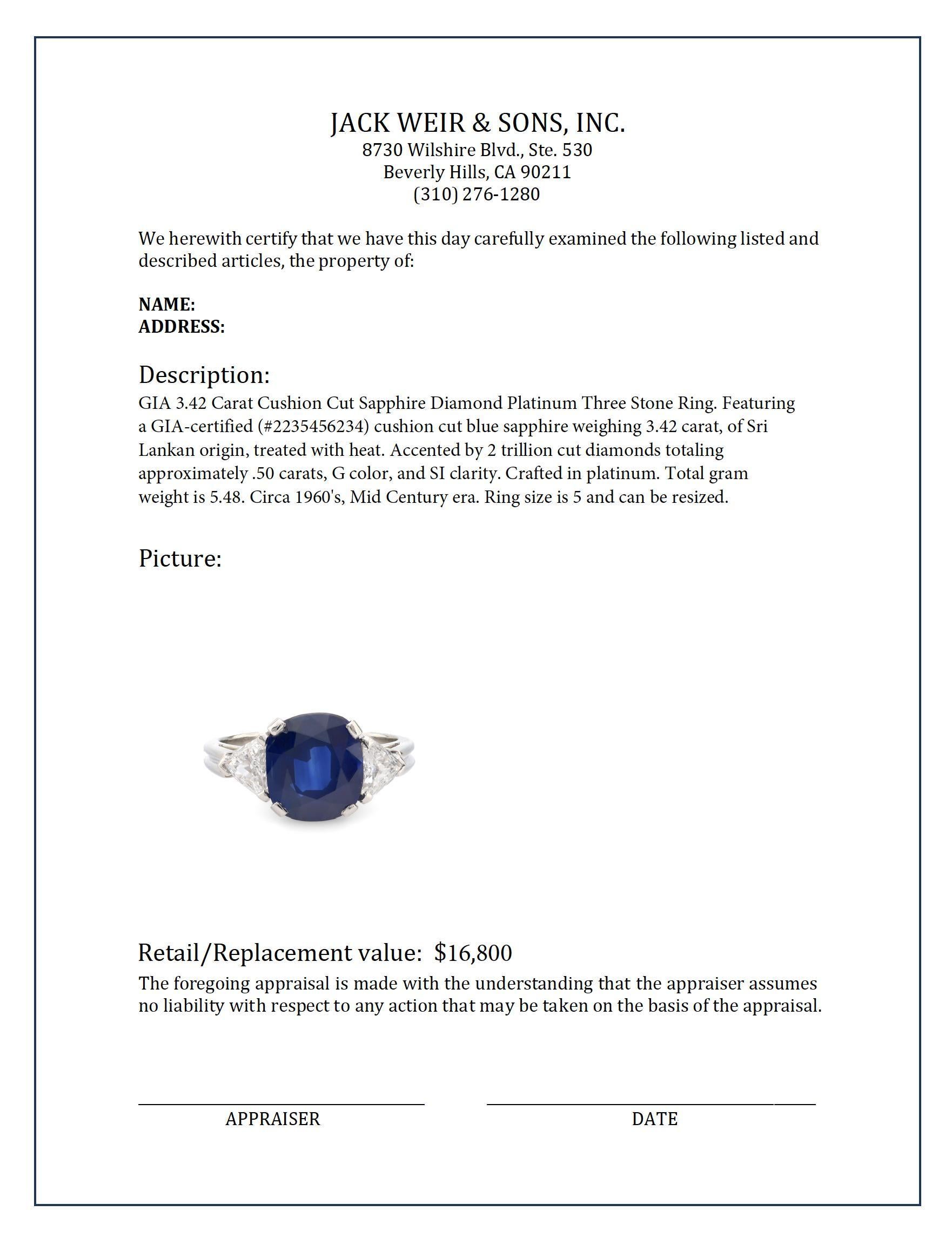 Women's or Men's GIA 3.42 carat cushion cut sapphire diamond platinum three stone ring