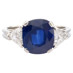 GIA 3.42 carat cushion cut sapphire diamond platinum three stone ring