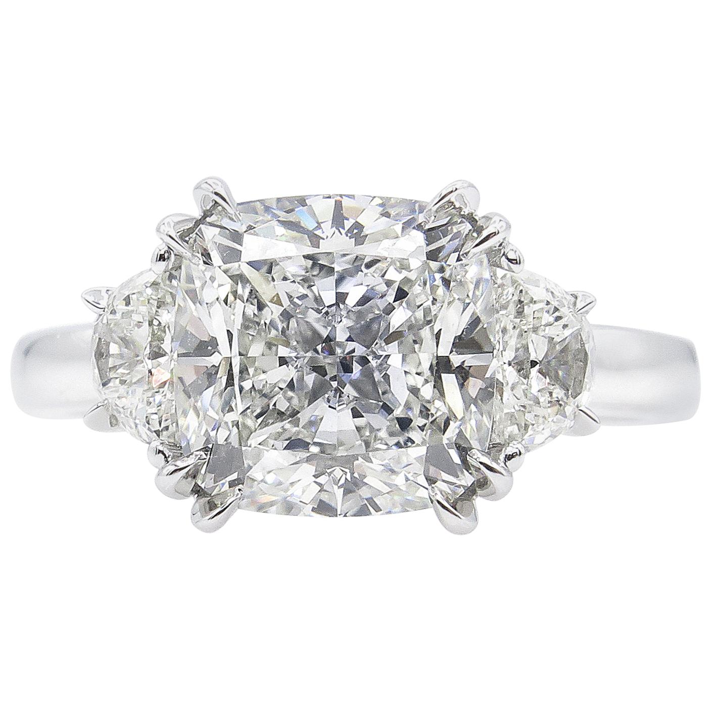 GIA 3.43 Carat Cushion Diamond 3-Stone Engagement Wedding Platinum Ring