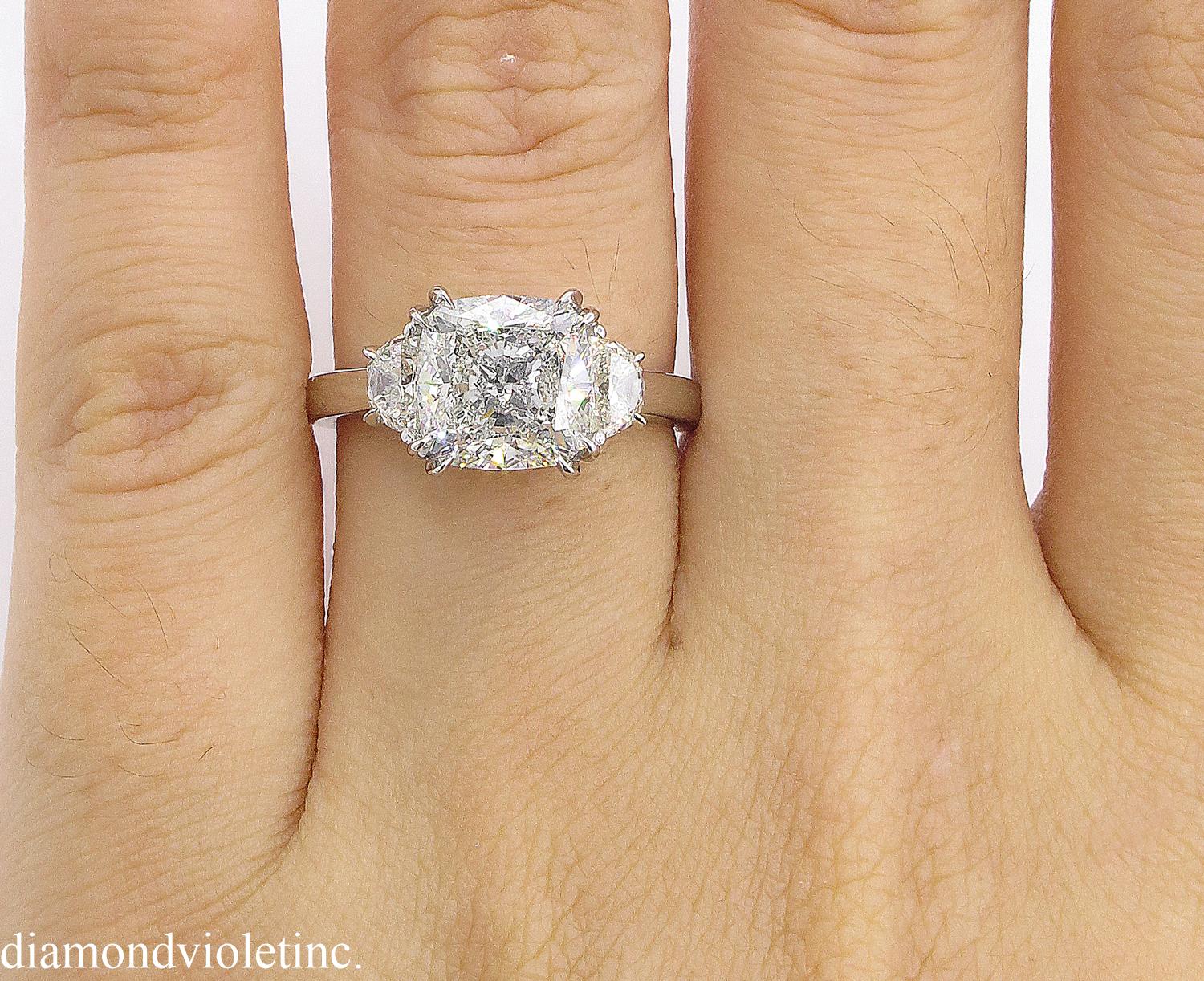 GIA 3.43 Carat Cushion Diamond 3-Stone Engagement Wedding Platinum Ring 4
