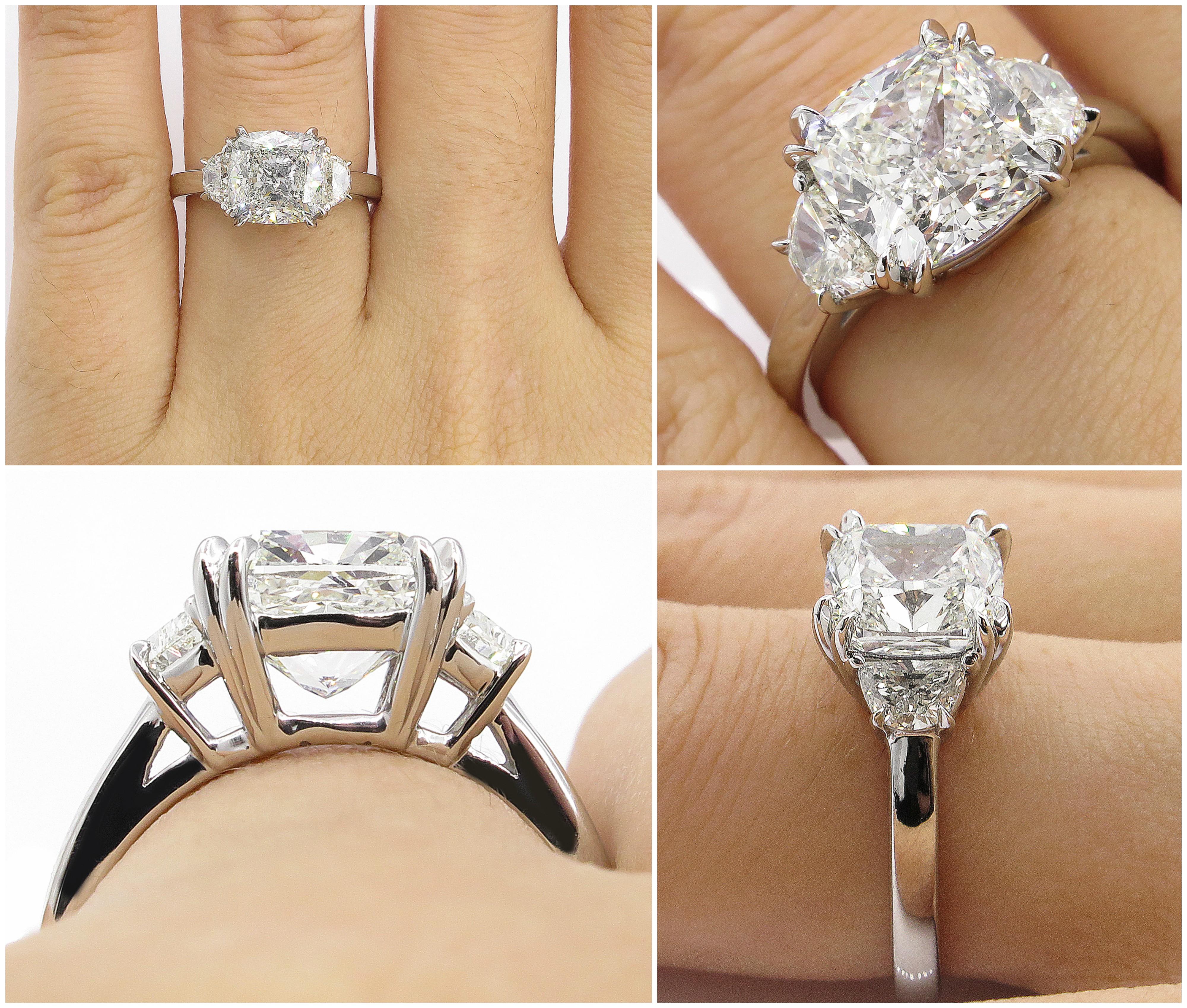 GIA 3.43 Carat Cushion Diamond 3-Stone Engagement Wedding Platinum Ring 6