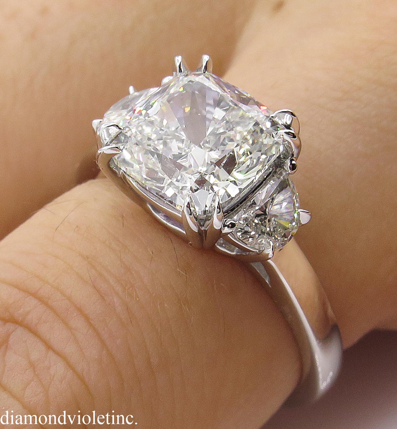 GIA 3.43 Carat Cushion Diamond 3-Stone Engagement Wedding Platinum Ring 8