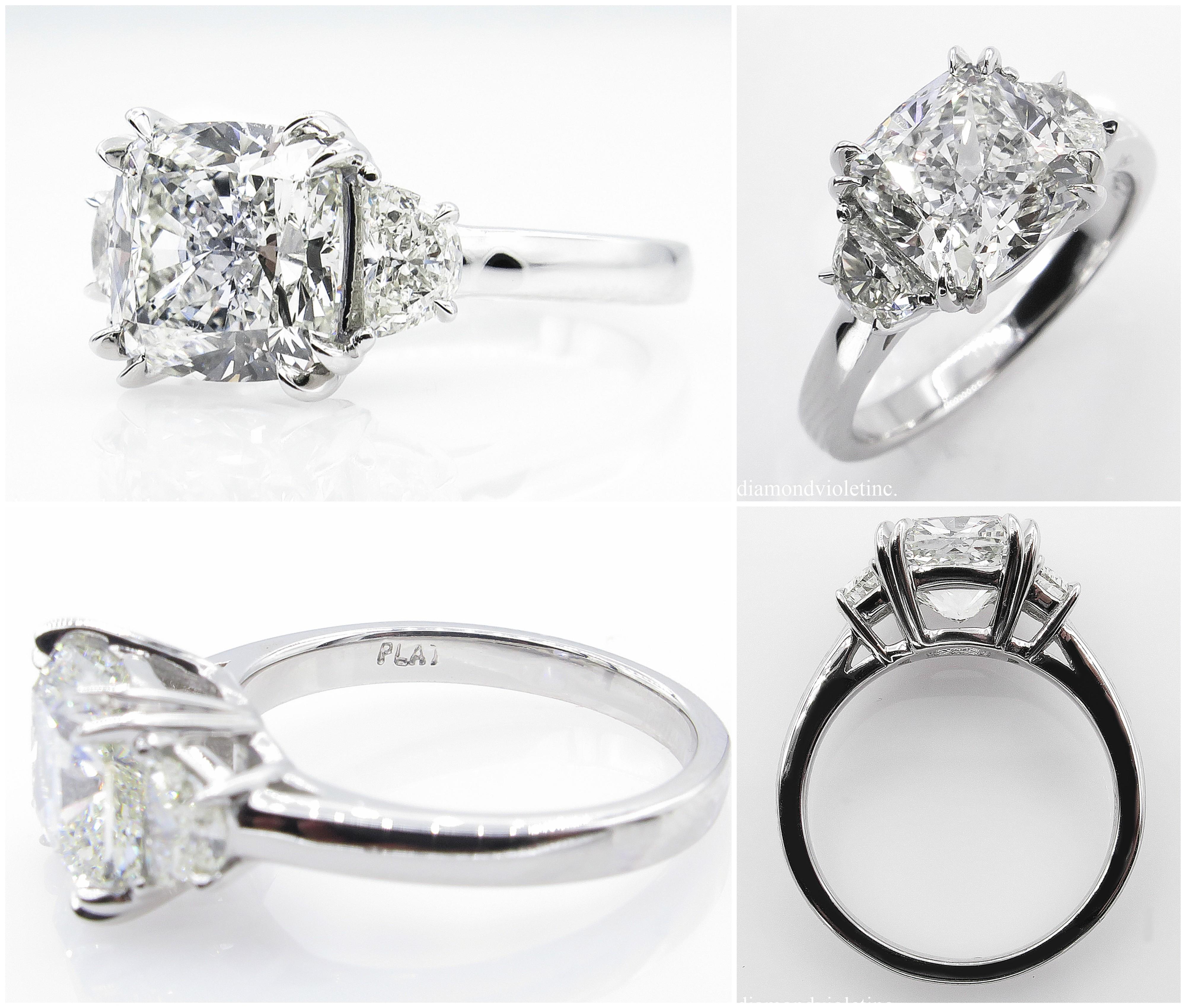 Cushion Cut GIA 3.43 Carat Cushion Diamond 3-Stone Engagement Wedding Platinum Ring