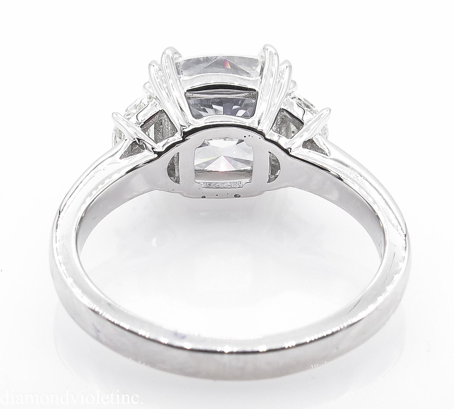 Women's GIA 3.43 Carat Cushion Diamond 3-Stone Engagement Wedding Platinum Ring