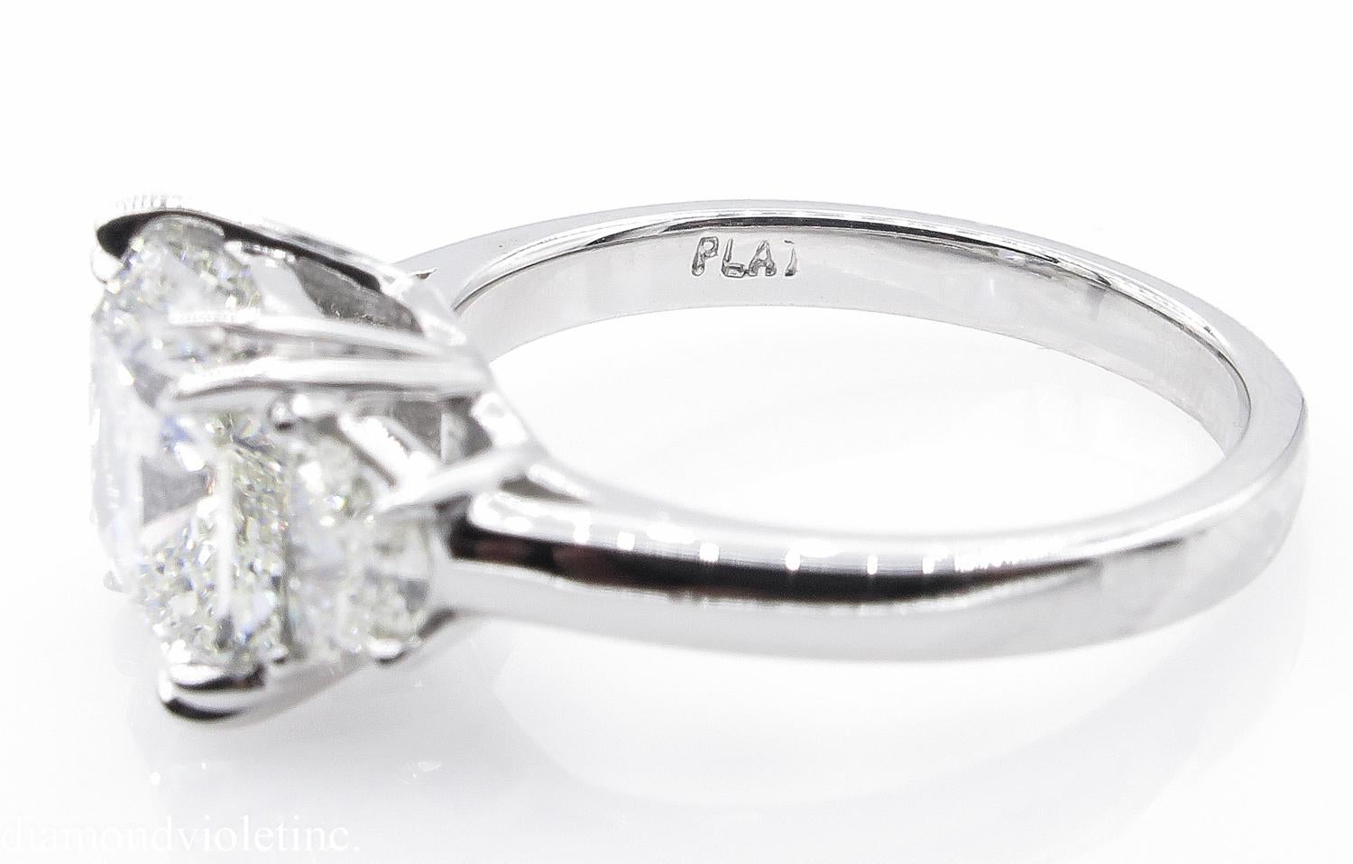 GIA 3.43 Carat Cushion Diamond 3-Stone Engagement Wedding Platinum Ring 2
