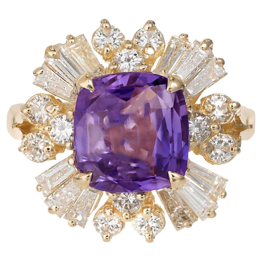 GIA 3.45 Carat Cushion Sapphire Diamond Halo Color Change Gold Engagement Ring For Sale