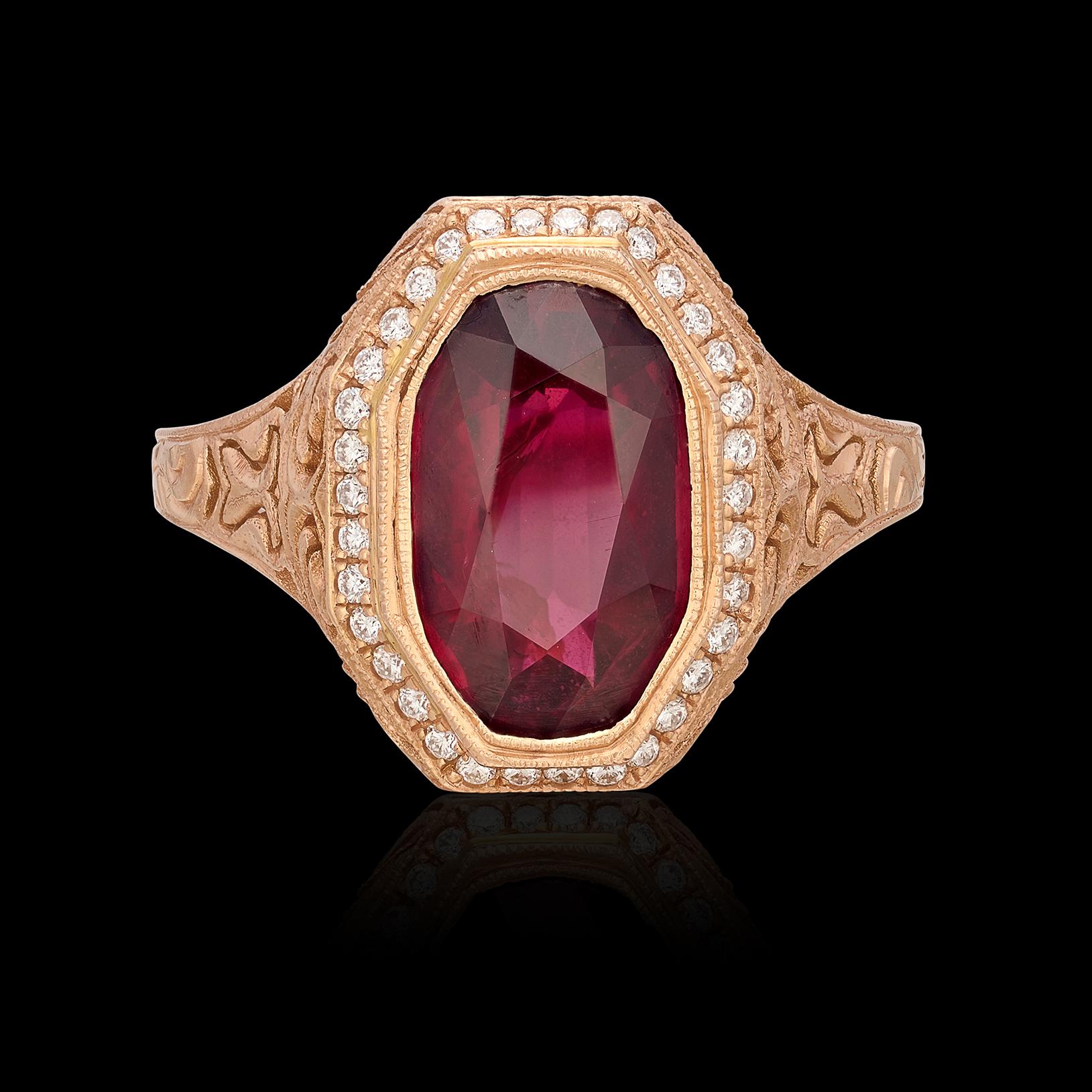 Become mesmerized in the deep red of this natural unheated ruby! The oval shaped brilliant step-cut stone weighs 3.45 carats, and is accented by a halo of 34 round brilliant-cut diamonds for a total approximate weight of 0.25cts in an openwork and